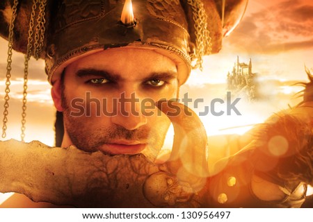 Portrait Of A Seexy Strong Warrior Holding Sword In <b>Golden Light</b> With ... - stock-photo-portrait-of-a-seexy-strong-warrior-holding-sword-in-golden-light-with-fantasy-background-130956497