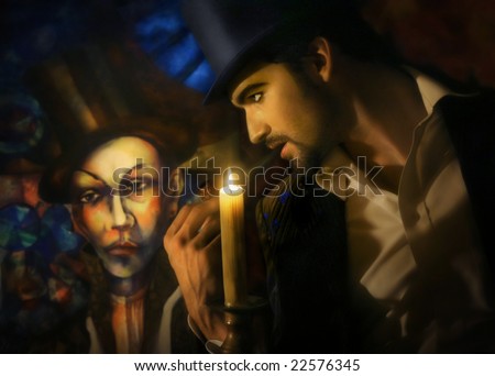 Magical portrait of carnival circus styled man in top hat with pipe looking at painting of a clown