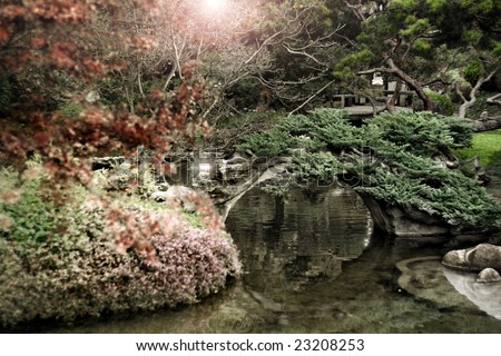 Stylized landscape of a Japanese Garden with flaring sun breaking through