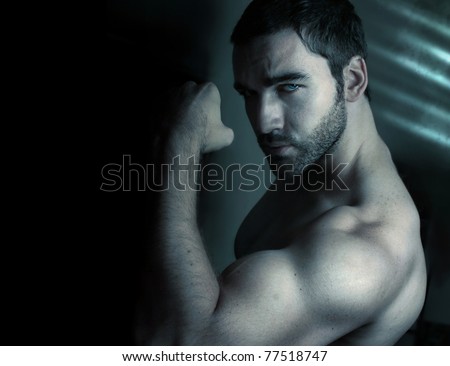Stylized portrait of macho man flexing bicep with tattoo reading \