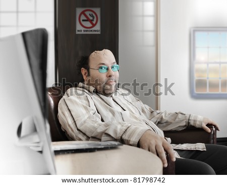 Concept photo of a middle aged man waiting in doctor\'s office with head breaking open representing mental health issues and headaches