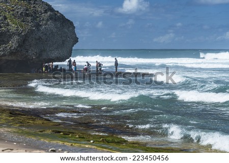 BATHSHEBA, BARBADOS - DECEMBER 08, 2013 : People enjoying the warm naturally formed rocks pools known as Bathsheba Pools on the Atlantic east coast of Barbados in the West Indies.