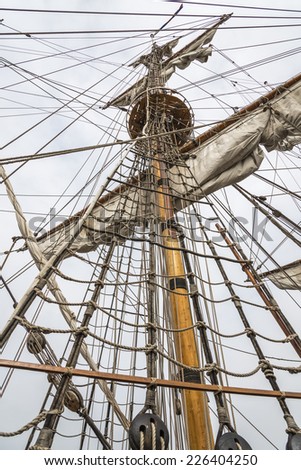 LONDON, UK - SEPTEMBER 5, 2014 :Mast and crows nest of The Tall Ship Shtandart, an 18th century replica of a Russian frigate from the times of Peter the Great, at the Greenwich Tall Ships Regatta.