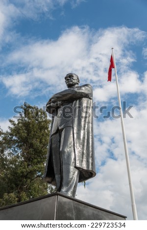 LEFKOSA, CYPRUS - MARCH 12, 2014 : Statue of Kemal Ataturk next to Kyrenia Gate, in north Nicosia, north Cyprus. The capital city of Nicosia is also known as Nicosia.