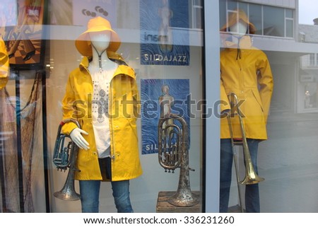 HAUGESUND, NORWAY - AUGUST 4, 2015: Decoration in a store window in Haugesund, Norway, on the occasion of the Jazz Festival Sildajazz. The Festival took place between 9 and 15 of August 2015.