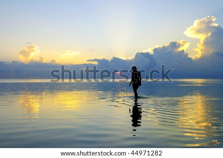 lady figure with sunset background.