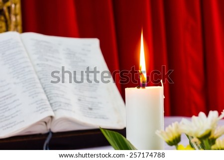 bible open on a table with candle and red curtain as background. flower as foreground. Perfect for religion, easter and christmas themes. candle fucused