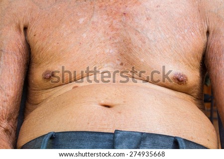 closeup old man chest and big belly with texture of wrinkle skin