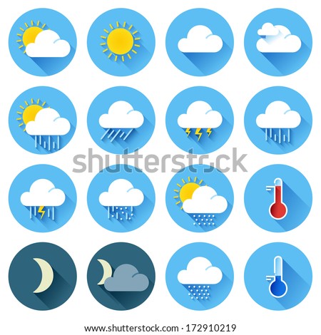 Vector illustration of flat color weather icons with long shadow