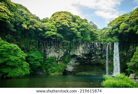 Cheonjiyeon Waterfall is a waterfall on Jeju Island, South Korea. The name Cheonjiyeon means sky. This picture could be use in promoting the place.