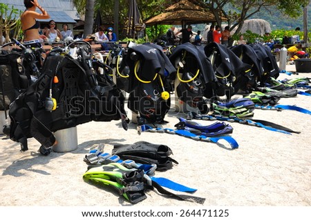 KOH NANGYUAN, THAILAND -MARCH 12: Unidentified Scuba tank and some equipment at Koh Nangyuan , Thailand on March 12, 2015. Koh Nangyuan is one of the most beautiful beaches in Thailand.