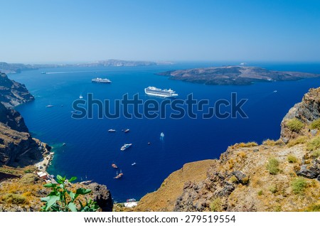 View on old port and volcano of Santorini island, Greece