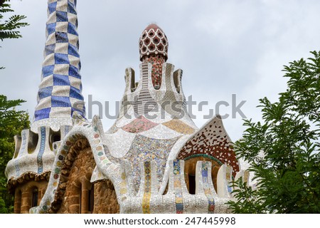 Barcelona, Spain - Aug 20, 2014 - Ceramic mosaic building in Barcelona park