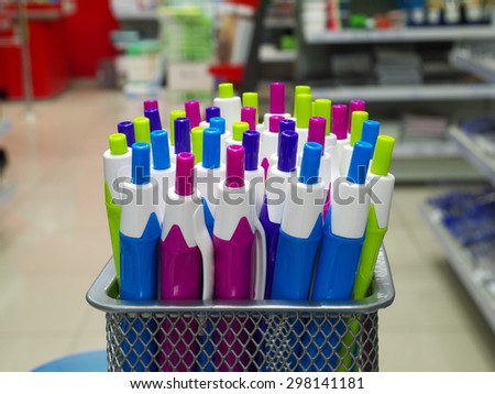Bunch of pens in stationery shop