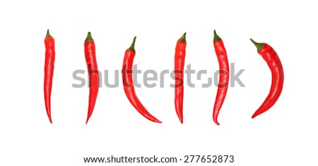 Top view of different red chili peppers isolated on white background without shadows