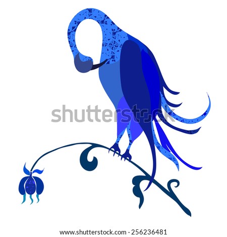 Fancy exotic bird. Vector art. Beautiful blue bird on a flower
