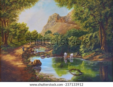 Castle in mountains and horses. Painting oil canvas. Sergey Voevodin 1997. On the surface cracks (flute)