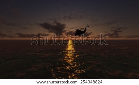 Helicopter in the morning sky. Beautiful sky. Sunset. Clouds in the sunlight. View the top. Feather and cumulus clouds. Flying over the sea