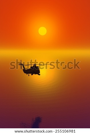 Helicopter at sunset. Fly to the sun. Beautiful sky. \
Red glow. crimson decline. Flight over the sea.