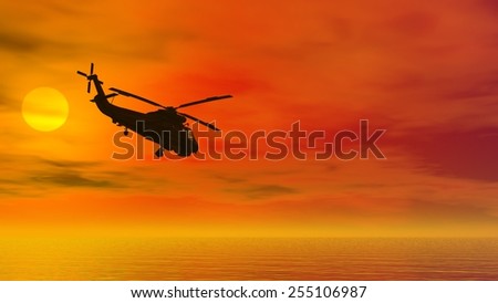 Helicopter at sunset. Fly to the sun. Beautiful sky. \
Clouds in the sunlight. Feather and cumulus clouds. Flight over the sea