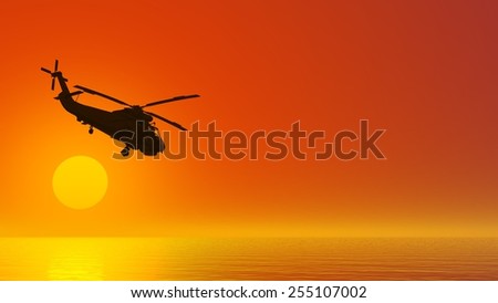 Helicopter at sunset. Fly to the sun. Beautiful sky. \
Red glow. Crimson decline. Flight over the sea
