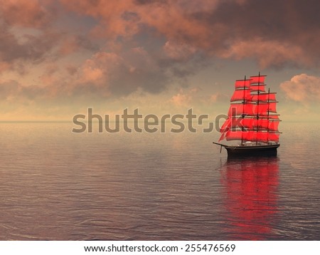 Scarlet Sails. A lone ship against the morning sky. 3D digitally rendered of a distant sailing ship.