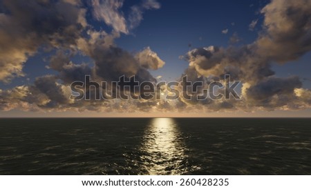 Beautiful sky over the sea and the sun is shining into the lens. Solar water path.