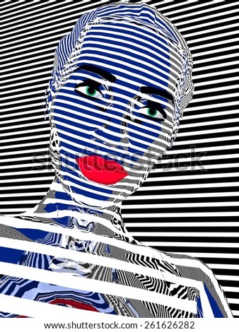 Girl 3D.  Pop art style. Mirror metal leather in black and white stripes. Face close-up and red lips.