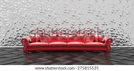 Red glossy vintage sofa. Against the background of the wall mirror, mirror the texture scale. Black floor tiles. 3D illustration, rendering. Pop ART.