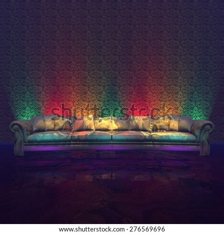 Sofa on background wall with vintage wallpaper. Colored disco lights, red. green, yellow, purple. Pop-disco Art. 3D illustration, rendering.