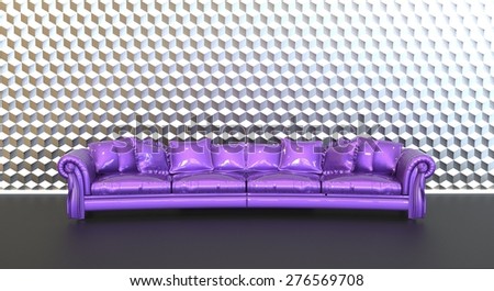 Purple sofa is made of glossy style disco. On wall background silver geometric pattern. On the floor, a graphite color. Pop-disco Art. 3D illustration, rendering.