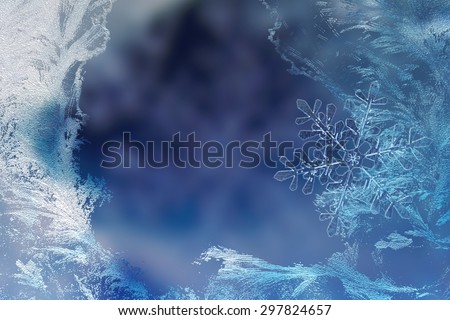 Ice patterns on winter glass, snowflakes clung to the glass. Background for congratulatory text winter holiday. The image is drawn in 3D.
