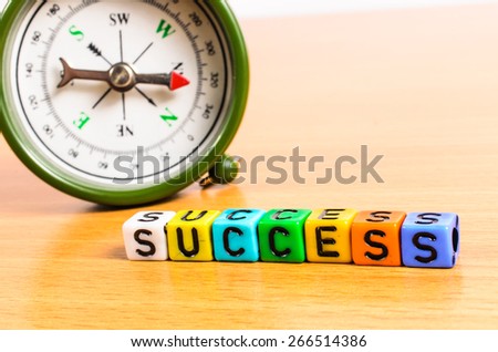 Abstract Concept of way to success,compass and wording on wooden board