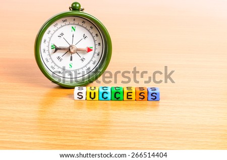 Abstract Concept of way to success,compass and wording on wooden board