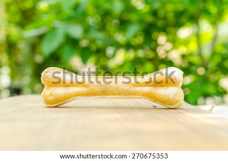 dog bone on wooden board with green background