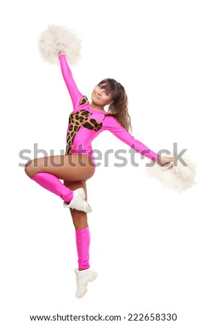 Cheerleader girl pose standing with pom-pom. Pretty flexible girl pink leo costume