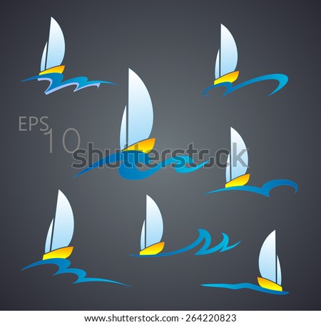 yacht in  sea, logo sea, logo vessel, vessel in ocean, Illustration of a cartoon ocean landscape with yachts , the boat on a wave against a black background