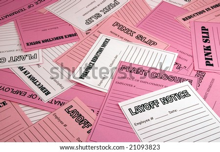 Collage of pink slips, layoff notices, etc.