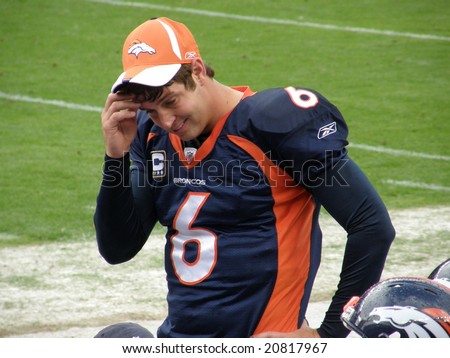 DENVER- OCTOBER 5:  Jake Cutler, Denver Broncos quarterback shows chagrin during football game on October 5, 2008, against Tampa Bay