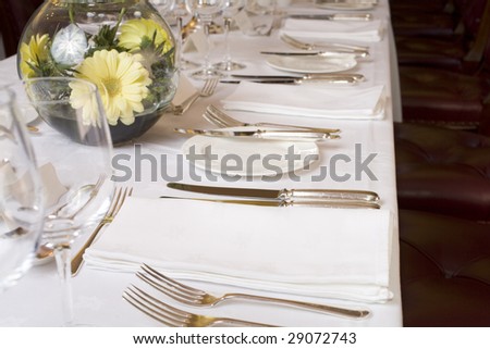 Table set for fine dining for a large group.
