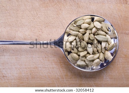 Please also check out my other herb and spice images. Cardamom pods on spoon.
