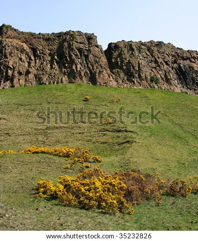Large File showing Salisbury Crags, part of the Queen\'s Park in central Edinburgh, Scotland.