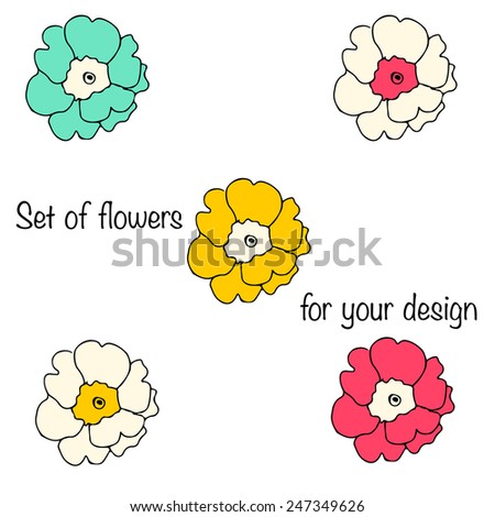 Set of bright tiny flowers, summer colors, design elements, painted decorations