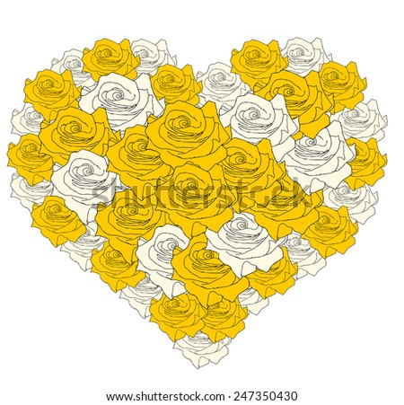 Big heart of yellow and white roses, Valentines day card design with love
