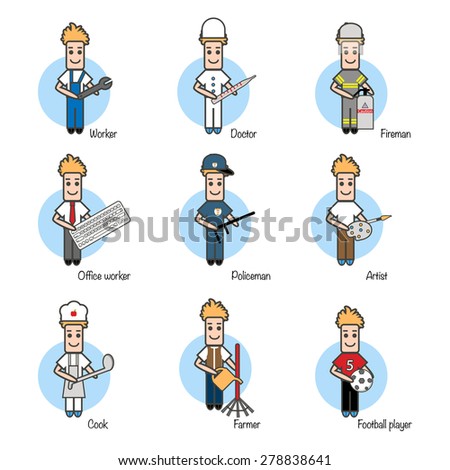 Set of  profession people, collection of icons, worker, doctor, fireman,manager, policeman, artist, cook, farmer, football player, line art design, vector illustration