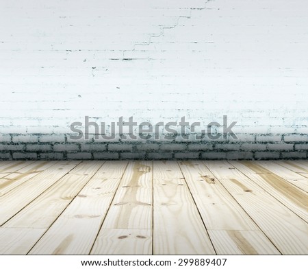 Room interior with old white wall and wood floor background. Focus on floor