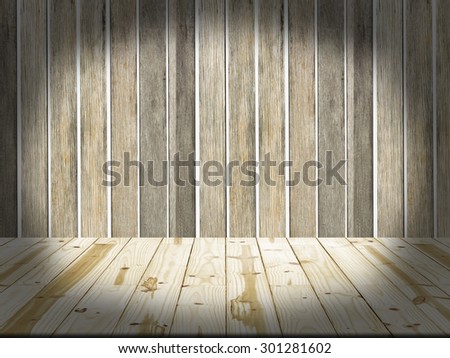 Wood table top on planks walls background
