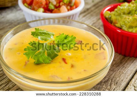 cheese dip with guacamole and pico de gallo \