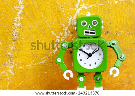 Green robot clock on yellow background