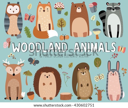 Cute Woodland Animals and Forest Design Elements Vector